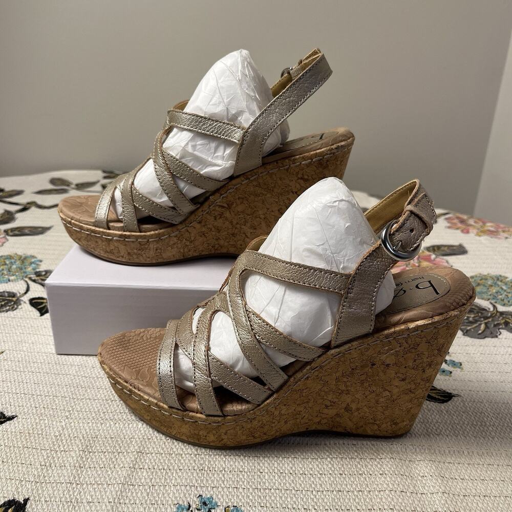 b.o.c. Born Concept Nilsa 7 Gold Leather Cork Wedge Sandals Slingback Strappy 4"